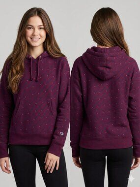 Champion Reverse Weave Hoodie Small Women's All Over Logo Print Burgundy Maroon